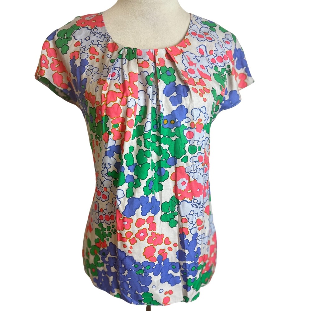 Boden Women Multi Color Floral Silk Pleated Neck Cap Sleeve Blouse